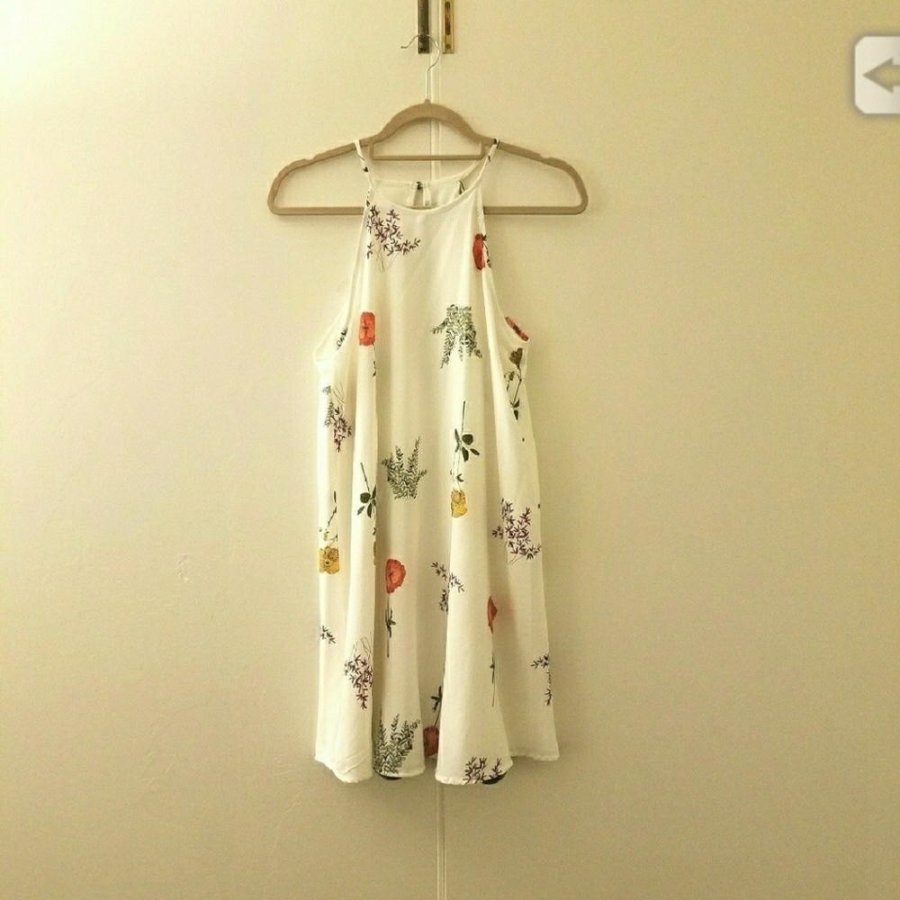 F21 White floral halter high neck trapeze dress
